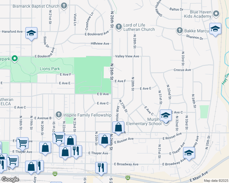 map of restaurants, bars, coffee shops, grocery stores, and more near 817 North 26th Street in Bismarck