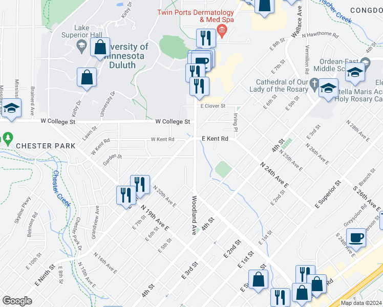 map of restaurants, bars, coffee shops, grocery stores, and more near 701 Woodland Avenue in Duluth