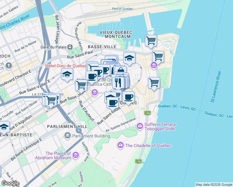 map of restaurants, bars, coffee shops, grocery stores, and more near in Québec City