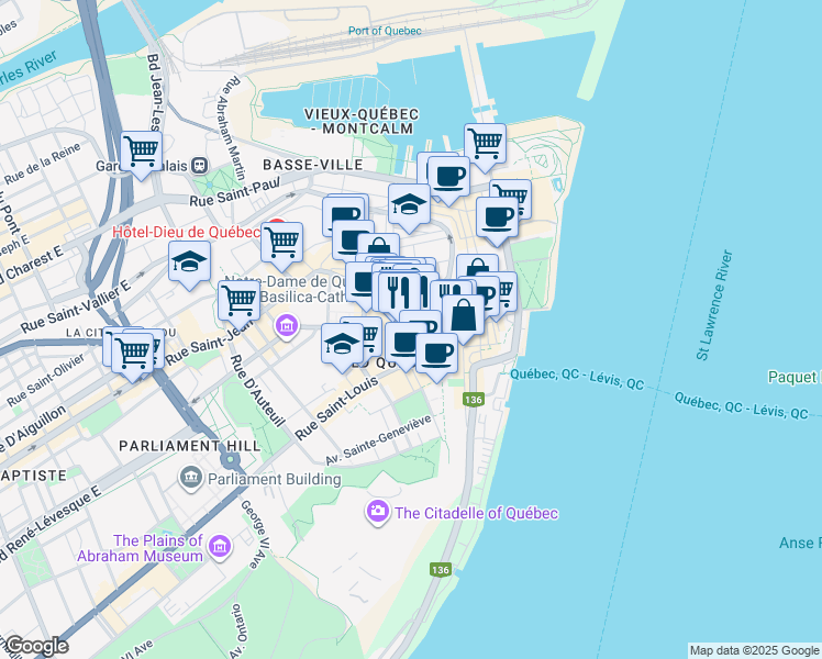 map of restaurants, bars, coffee shops, grocery stores, and more near 12 Rue Sainte-Anne in Québec