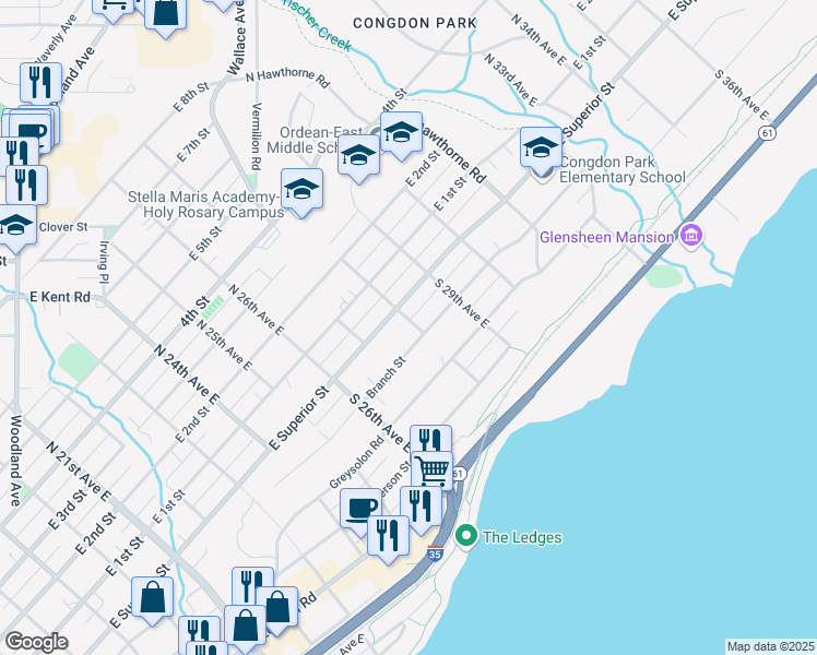 map of restaurants, bars, coffee shops, grocery stores, and more near 17 South 28th Avenue East in Duluth