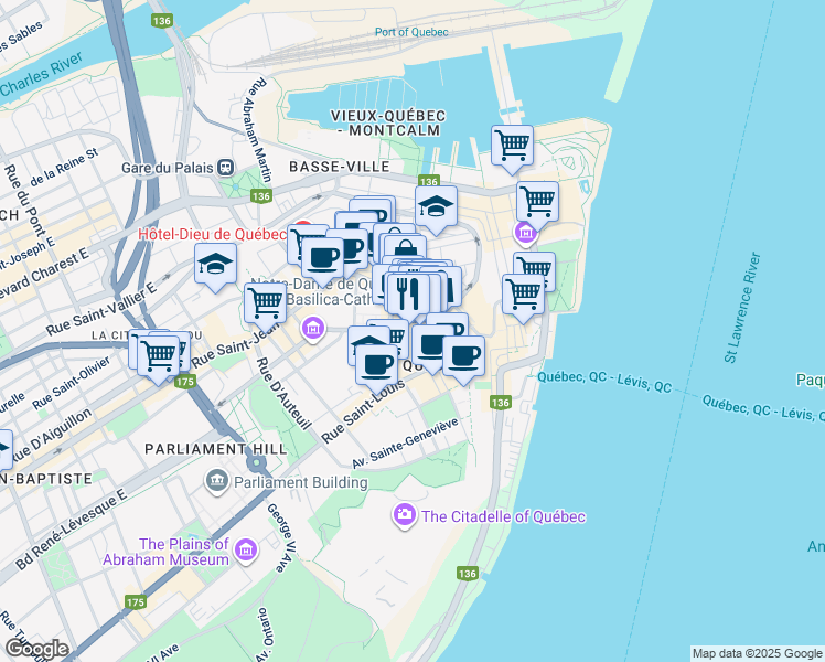 map of restaurants, bars, coffee shops, grocery stores, and more near 26 Rue Sainte-Anne in Québec