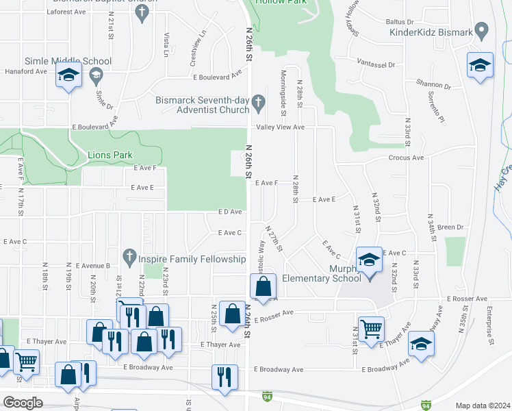 map of restaurants, bars, coffee shops, grocery stores, and more near 825 North 26th Street in Bismarck
