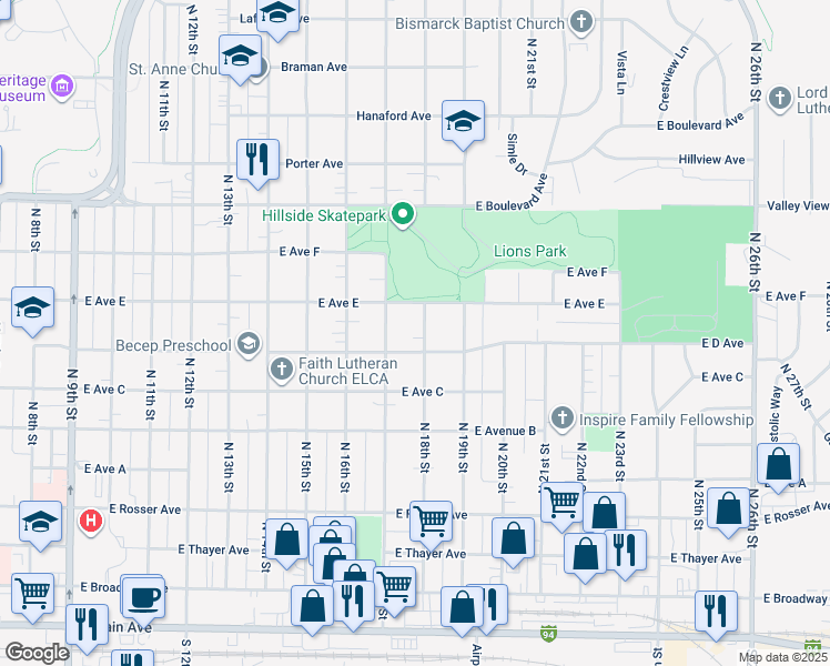 map of restaurants, bars, coffee shops, grocery stores, and more near 1715 East Avenue East in Bismarck
