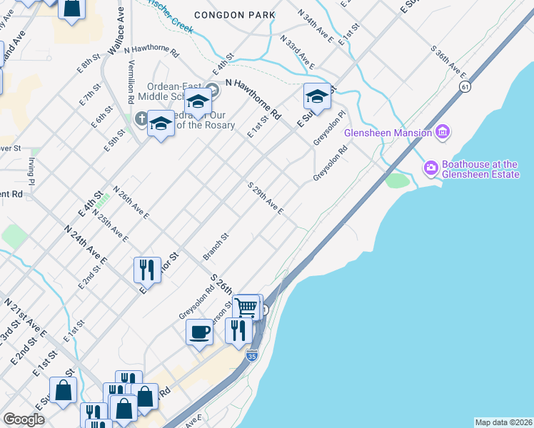 map of restaurants, bars, coffee shops, grocery stores, and more near 2828 Branch Street in Duluth