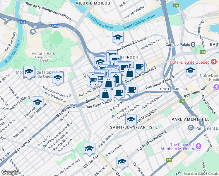 map of restaurants, bars, coffee shops, grocery stores, and more near 448 Rue Dorchester in Québec