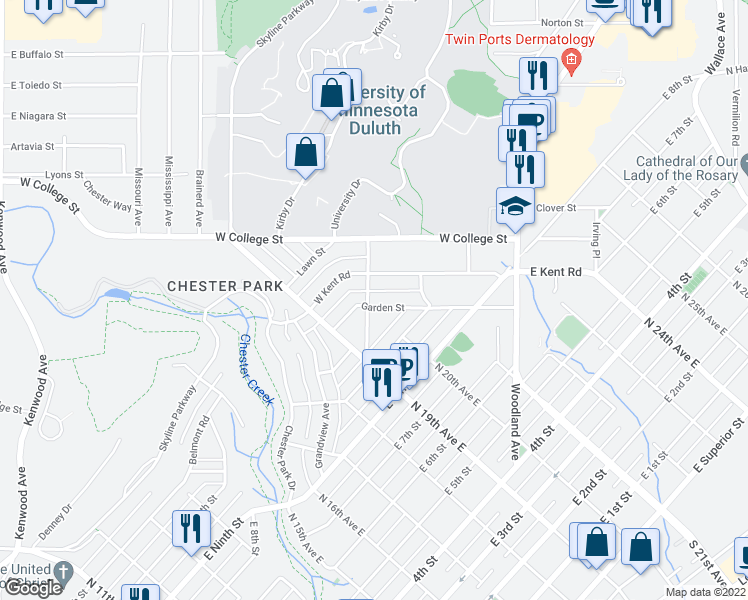 map of restaurants, bars, coffee shops, grocery stores, and more near 243 Garden Street in Duluth