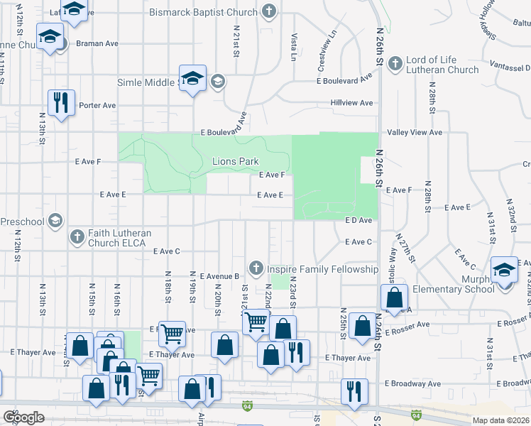map of restaurants, bars, coffee shops, grocery stores, and more near 2115 East Avenue E in Bismarck