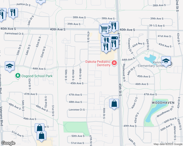 map of restaurants, bars, coffee shops, grocery stores, and more near 4452 47th Street South in Fargo