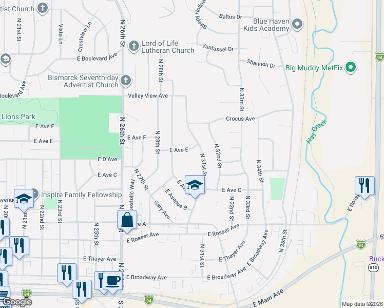 map of restaurants, bars, coffee shops, grocery stores, and more near 2900-3098 E Ave East in Bismarck