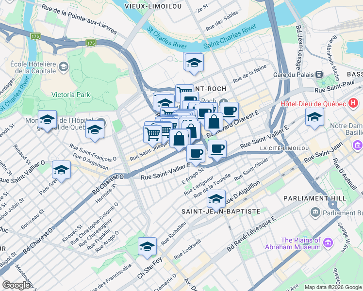 map of restaurants, bars, coffee shops, grocery stores, and more near 448 Dorchester Street in Quebec City