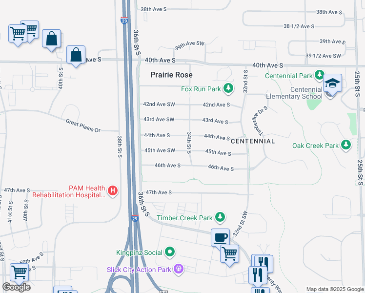 map of restaurants, bars, coffee shops, grocery stores, and more near 3413 45th Avenue Southwest in Fargo