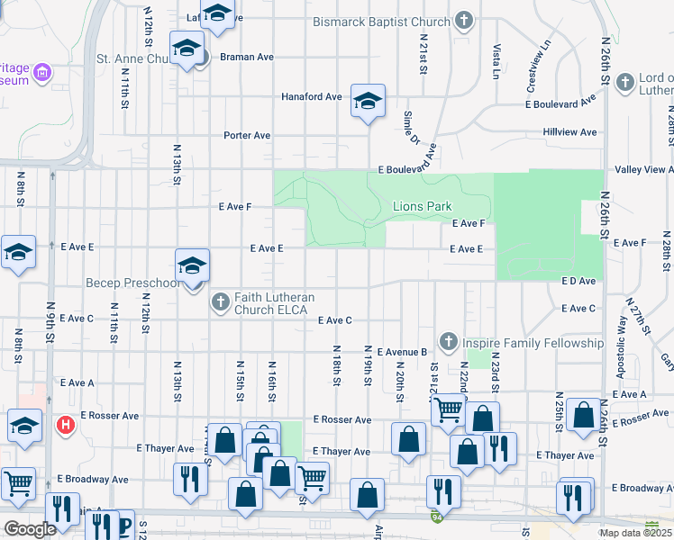 map of restaurants, bars, coffee shops, grocery stores, and more near 1715 East Avenue East in Bismarck