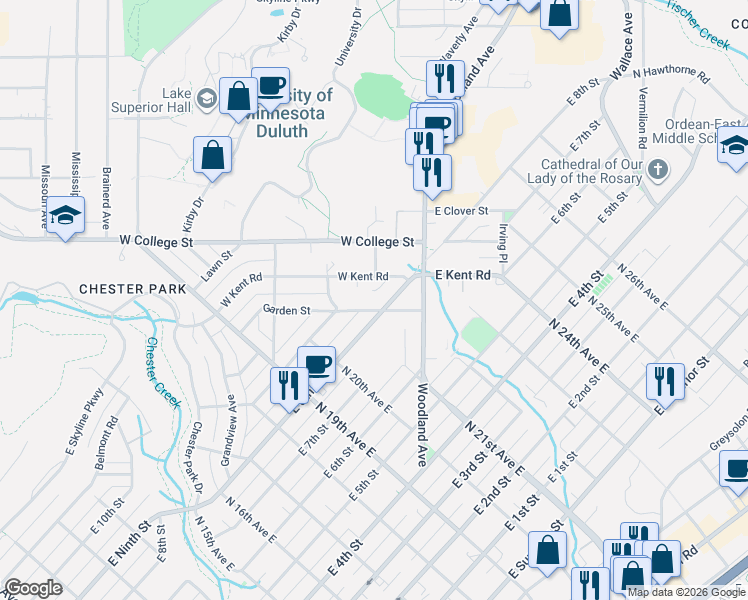 map of restaurants, bars, coffee shops, grocery stores, and more near 104 West Kent Road in Duluth