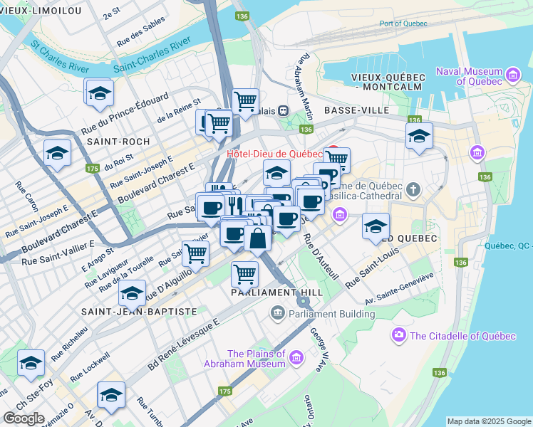 map of restaurants, bars, coffee shops, grocery stores, and more near 777 Rue des Glacis in Ville de Québec