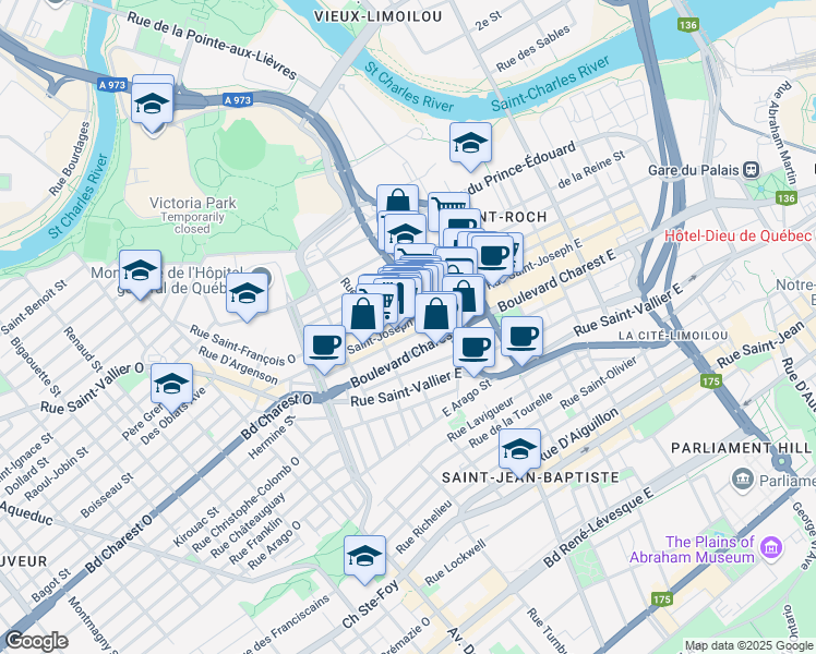 map of restaurants, bars, coffee shops, grocery stores, and more near 296 Rue Saint-Joseph Est in Québec
