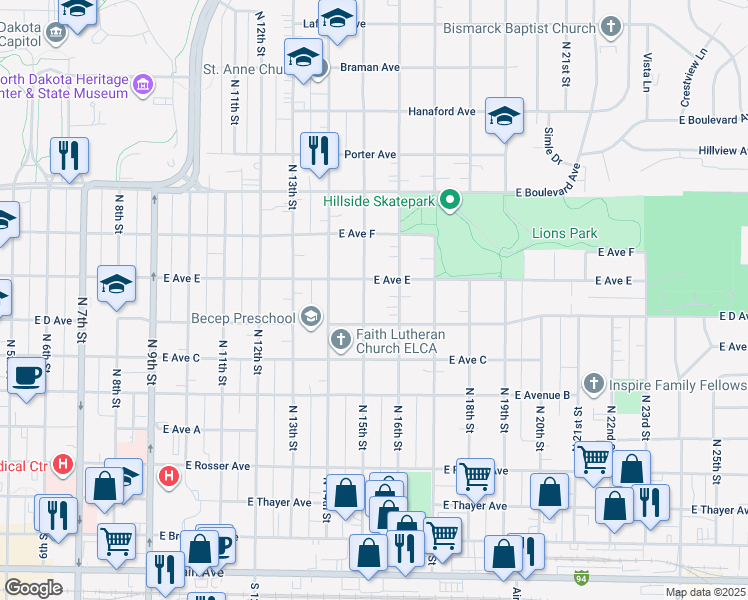 map of restaurants, bars, coffee shops, grocery stores, and more near 822 North 16th Street in Bismarck