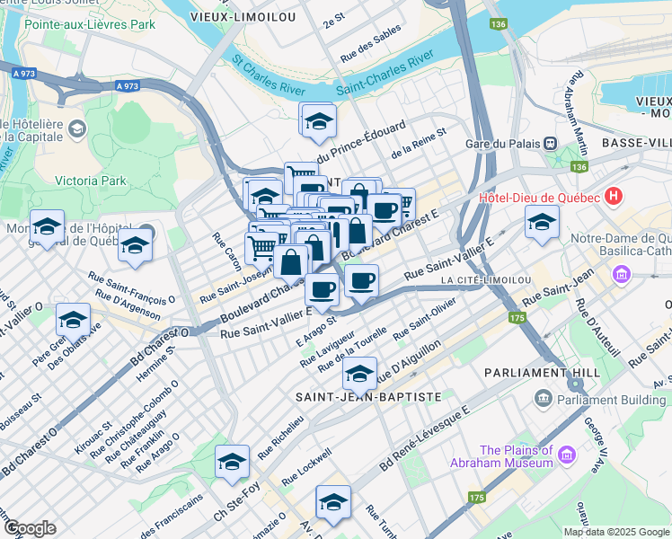 map of restaurants, bars, coffee shops, grocery stores, and more near 460 Rue de la Couronne in Québec