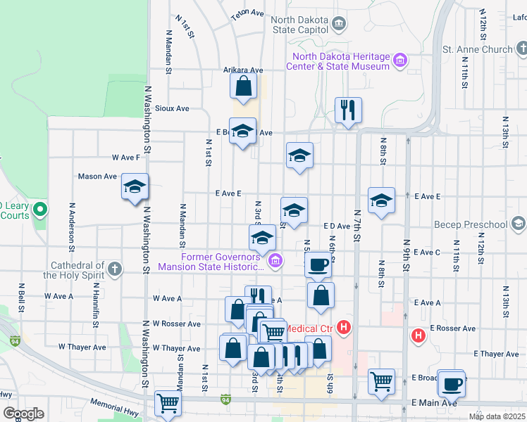 map of restaurants, bars, coffee shops, grocery stores, and more near 815 North 3rd Street in Bismarck