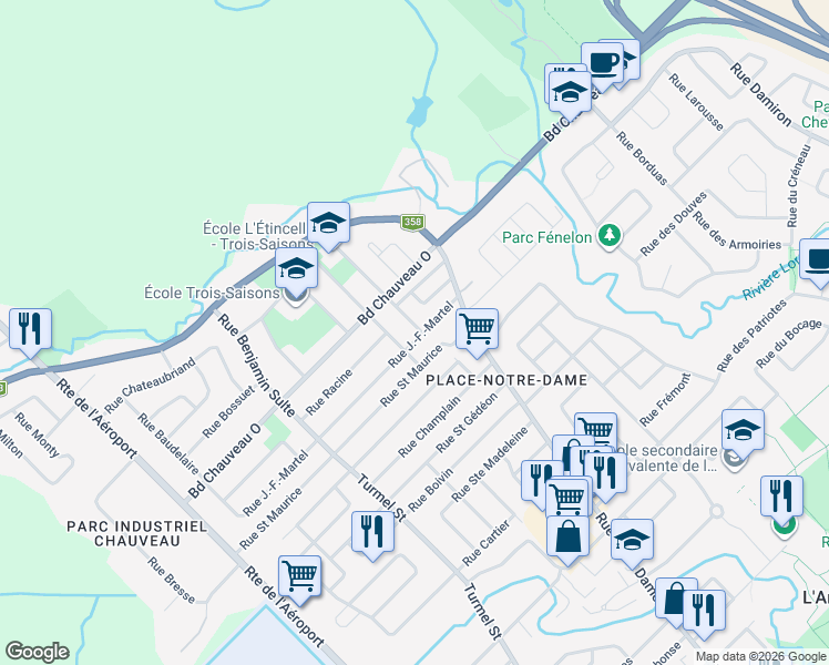map of restaurants, bars, coffee shops, grocery stores, and more near 1486 Rue Falardeau in Québec