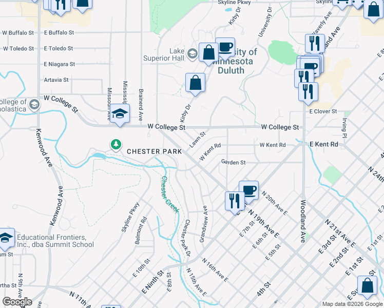 map of restaurants, bars, coffee shops, grocery stores, and more near 1230 North Country National Scenic Trail in Duluth
