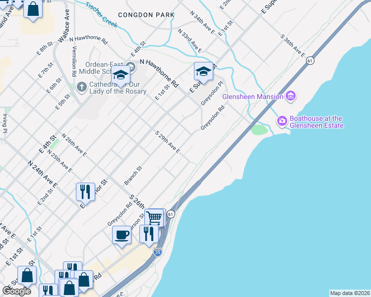 map of restaurants, bars, coffee shops, grocery stores, and more near 2910 Greysolon Road in Duluth