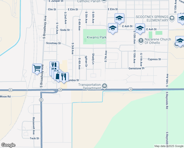 map of restaurants, bars, coffee shops, grocery stores, and more near 1125 Shady Lane in Othello