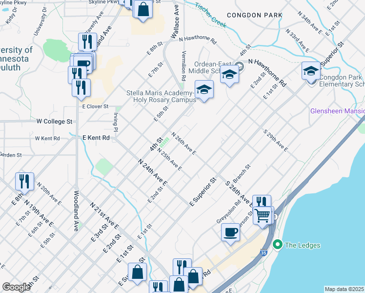 map of restaurants, bars, coffee shops, grocery stores, and more near 2602 East 3rd Street in Duluth