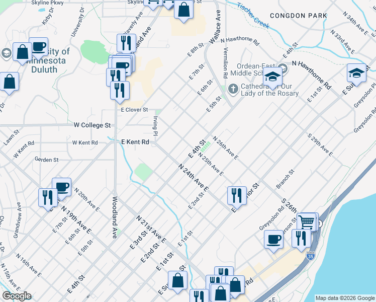 map of restaurants, bars, coffee shops, grocery stores, and more near 403 North 25th Avenue East in Duluth