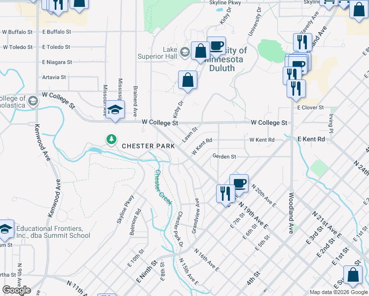 map of restaurants, bars, coffee shops, grocery stores, and more near 1230 North Country National Scenic Trail in Duluth