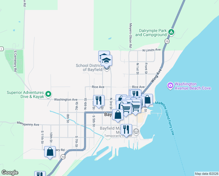 map of restaurants, bars, coffee shops, grocery stores, and more near 141 North 3rd Street in Bayfield