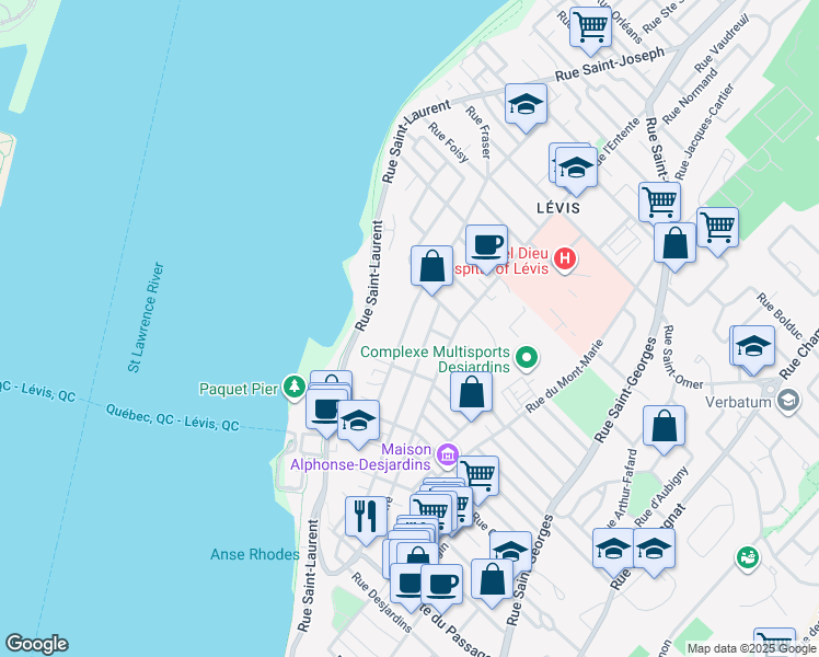 map of restaurants, bars, coffee shops, grocery stores, and more near 34 Rue Fraser in Levis