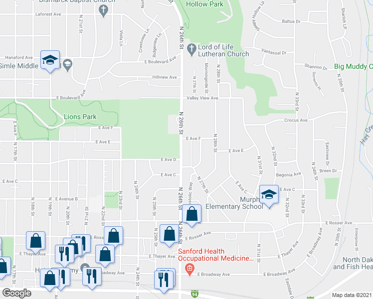 map of restaurants, bars, coffee shops, grocery stores, and more near 825 North 26th Street in Bismarck