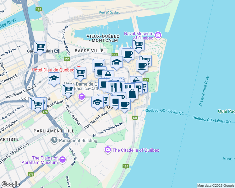 map of restaurants, bars, coffee shops, grocery stores, and more near 9 Rue De Buade in Québec