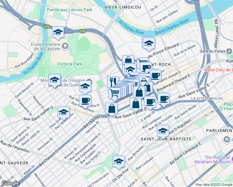 map of restaurants, bars, coffee shops, grocery stores, and more near 177 Rue du Roi in Québec