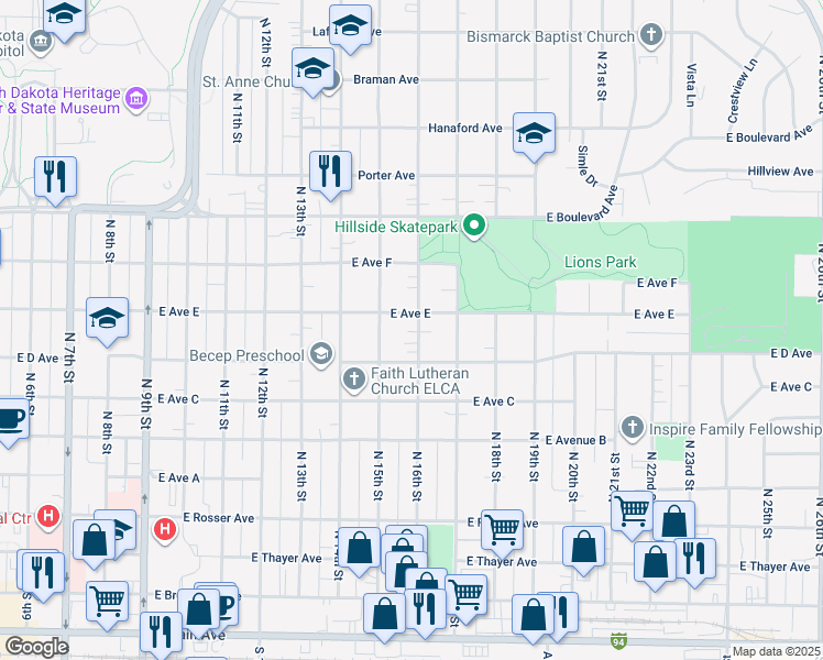 map of restaurants, bars, coffee shops, grocery stores, and more near 822 North 16th Street in Bismarck