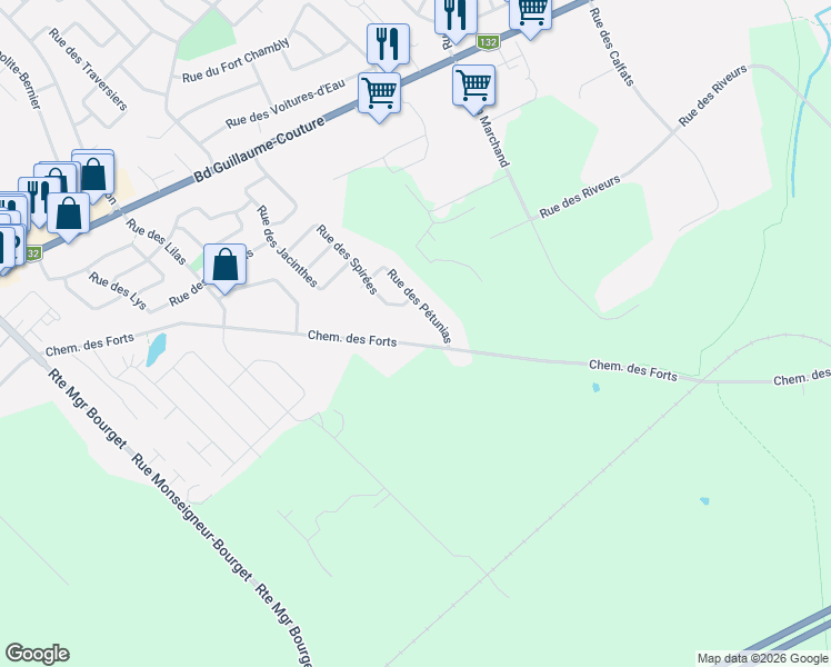 map of restaurants, bars, coffee shops, grocery stores, and more near 7665 Chemin des Forts in Lévis