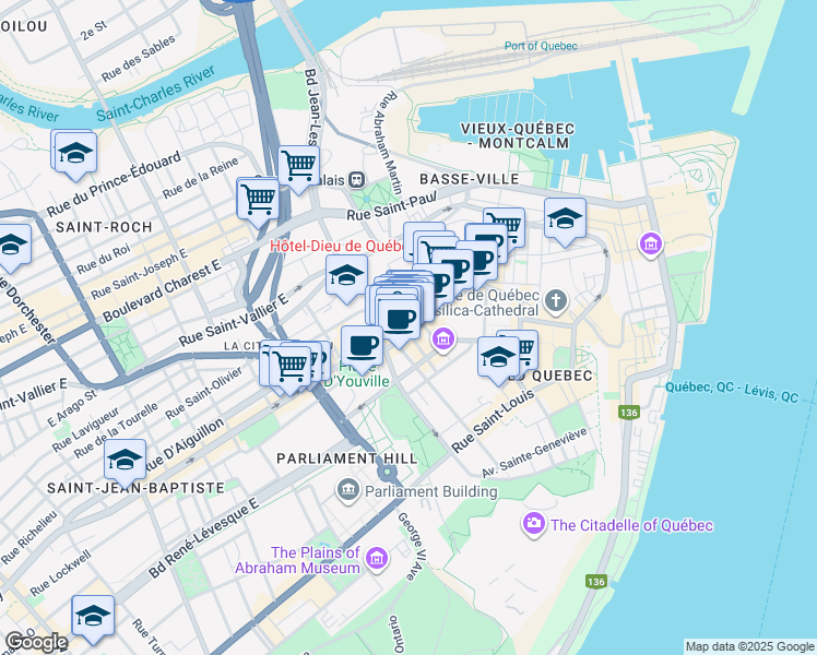 map of restaurants, bars, coffee shops, grocery stores, and more near in Québec City