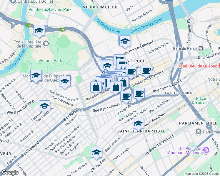 map of restaurants, bars, coffee shops, grocery stores, and more near 282 Rue Saint-Joseph Est in Québec