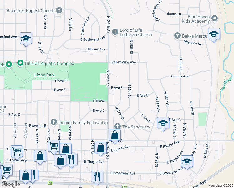 map of restaurants, bars, coffee shops, grocery stores, and more near 826 North 27th Street in Bismarck