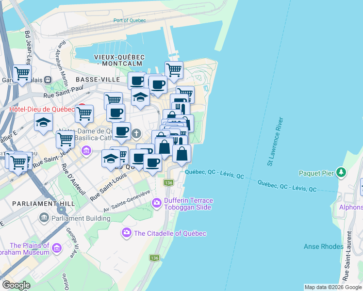 map of restaurants, bars, coffee shops, grocery stores, and more near 165 Rue du Marché Finlay in Québec