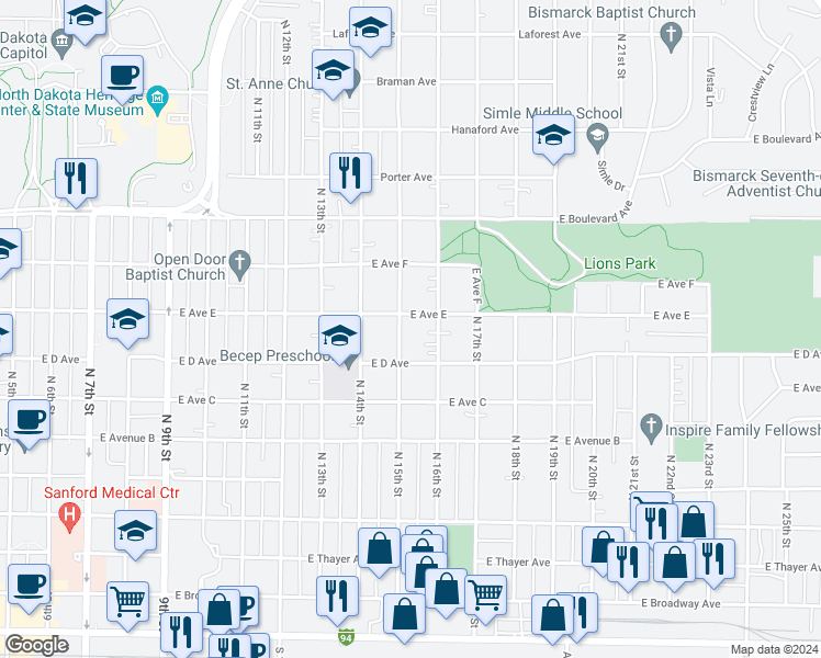 map of restaurants, bars, coffee shops, grocery stores, and more near 822 North 16th Street in Bismarck