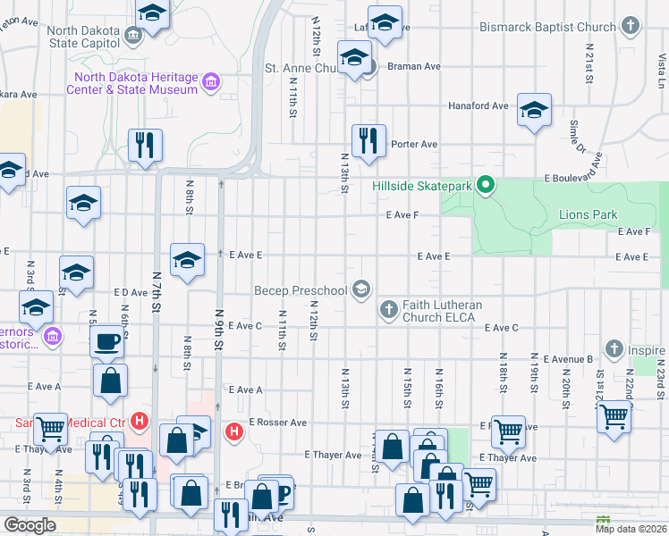 map of restaurants, bars, coffee shops, grocery stores, and more near 822 North 13th Street in Bismarck