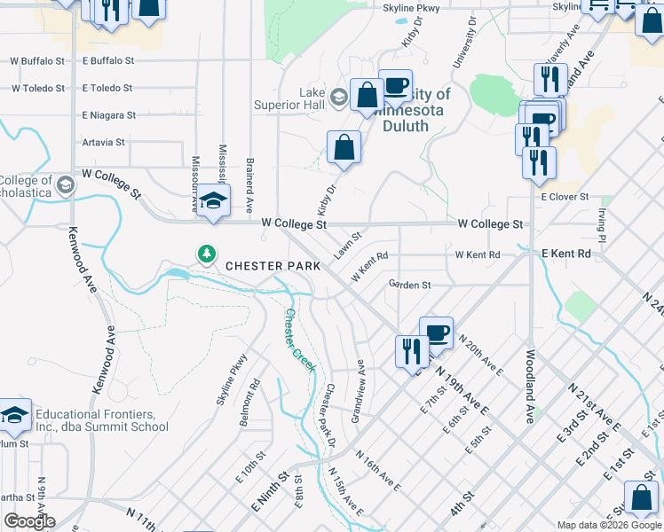 map of restaurants, bars, coffee shops, grocery stores, and more near 1230 North Country National Scenic Trail in Duluth