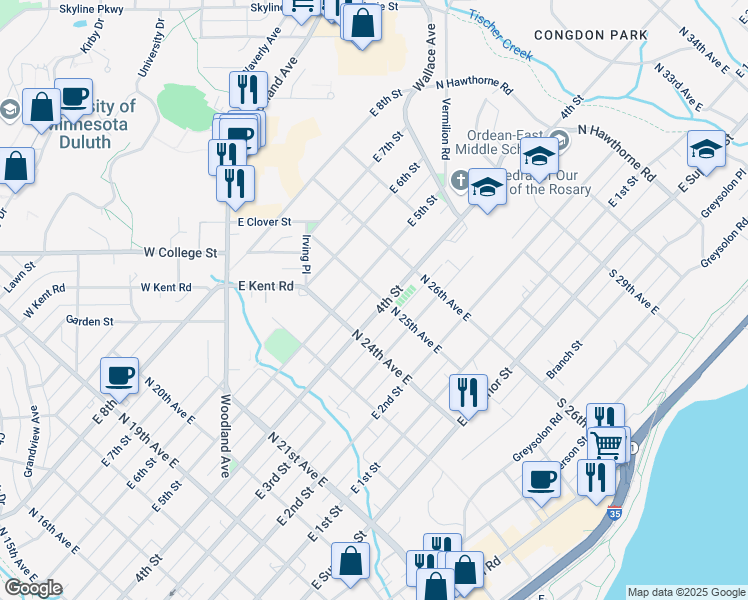map of restaurants, bars, coffee shops, grocery stores, and more near 403 North 25th Avenue East in Duluth