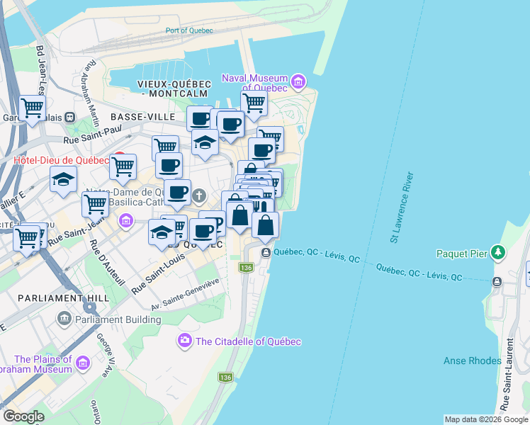 map of restaurants, bars, coffee shops, grocery stores, and more near 165 Rue du Marché-Finlay in Québec