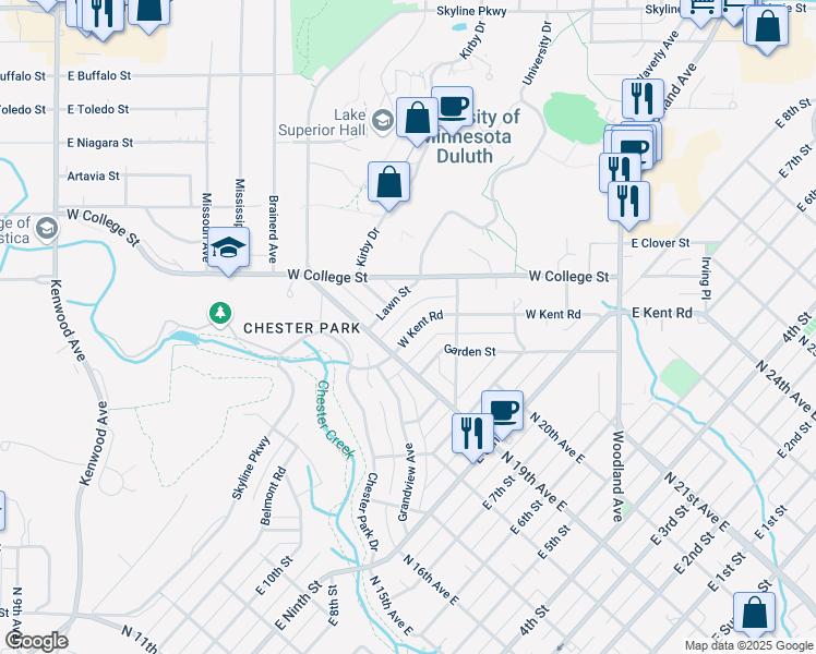 map of restaurants, bars, coffee shops, grocery stores, and more near 1913 West Kent Road in Duluth