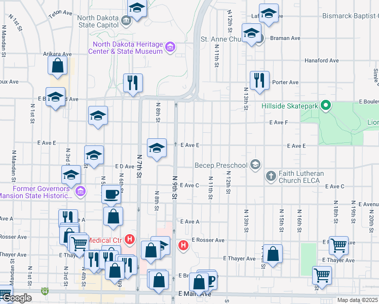 map of restaurants, bars, coffee shops, grocery stores, and more near 820 North 10th Street in Bismarck