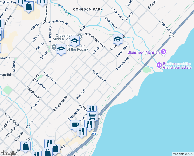 map of restaurants, bars, coffee shops, grocery stores, and more near 2828 Branch Street in Duluth