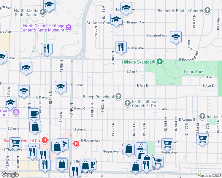 map of restaurants, bars, coffee shops, grocery stores, and more near 822 North 13th Street in Bismarck